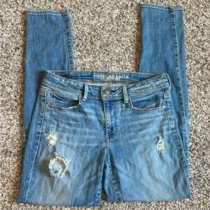 American Eagle Outfitters Size 8 Jeans Super Skinny Light Wash Distressed Denim